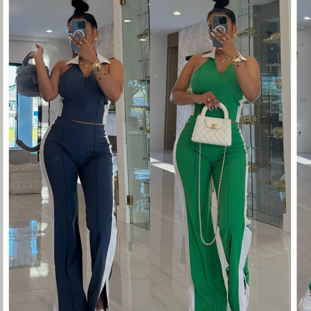 High-Waist Navy Contrast Side-Stripe Pant set - Picture 2 of 2